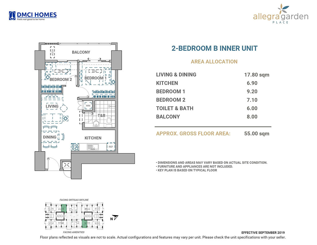 2 Bedrooms - B (Inner Unit) - 55sqm.